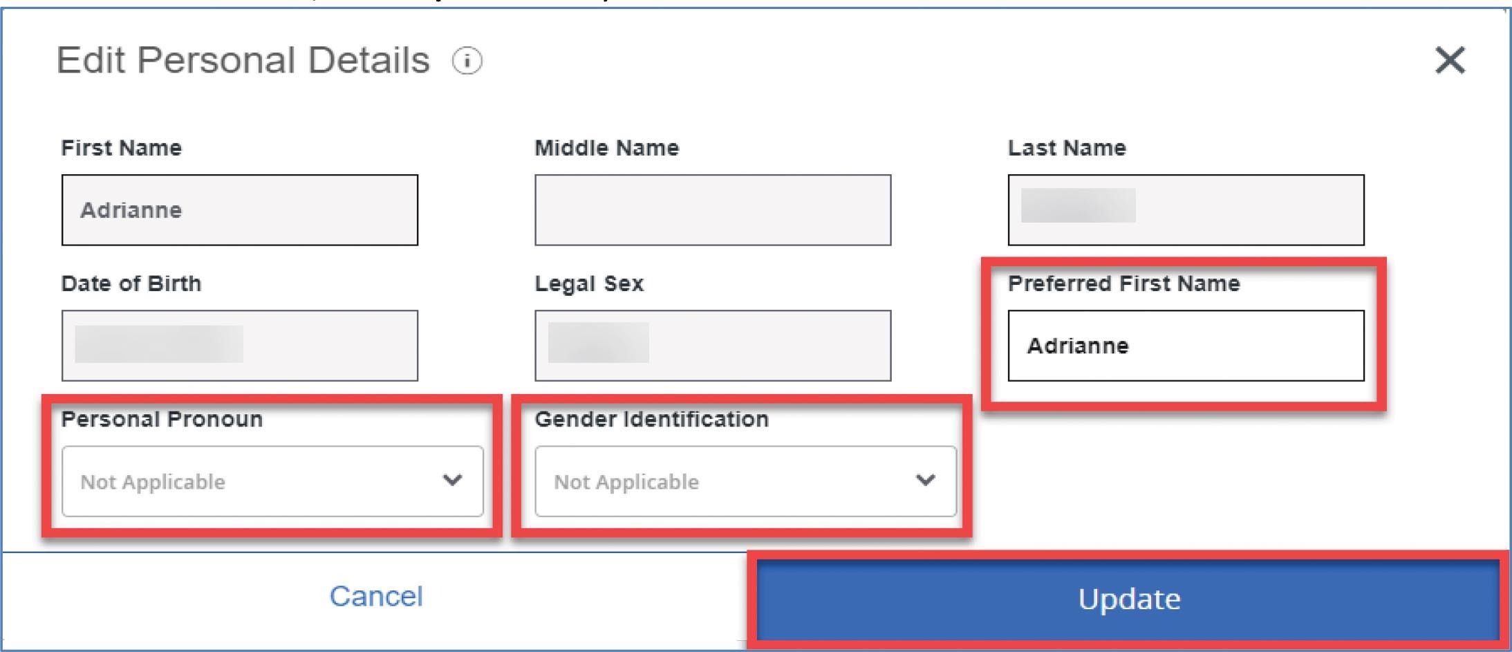 screenshot showing personal pronoun, gender identification and preferred first name fields highlighted