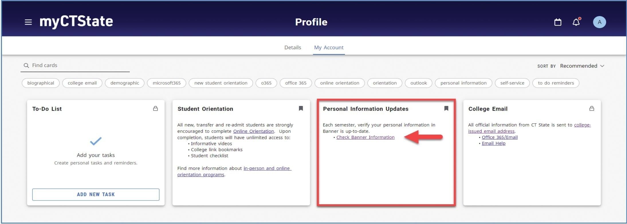 screenshot highlighting the Personal information updates card on myCTState