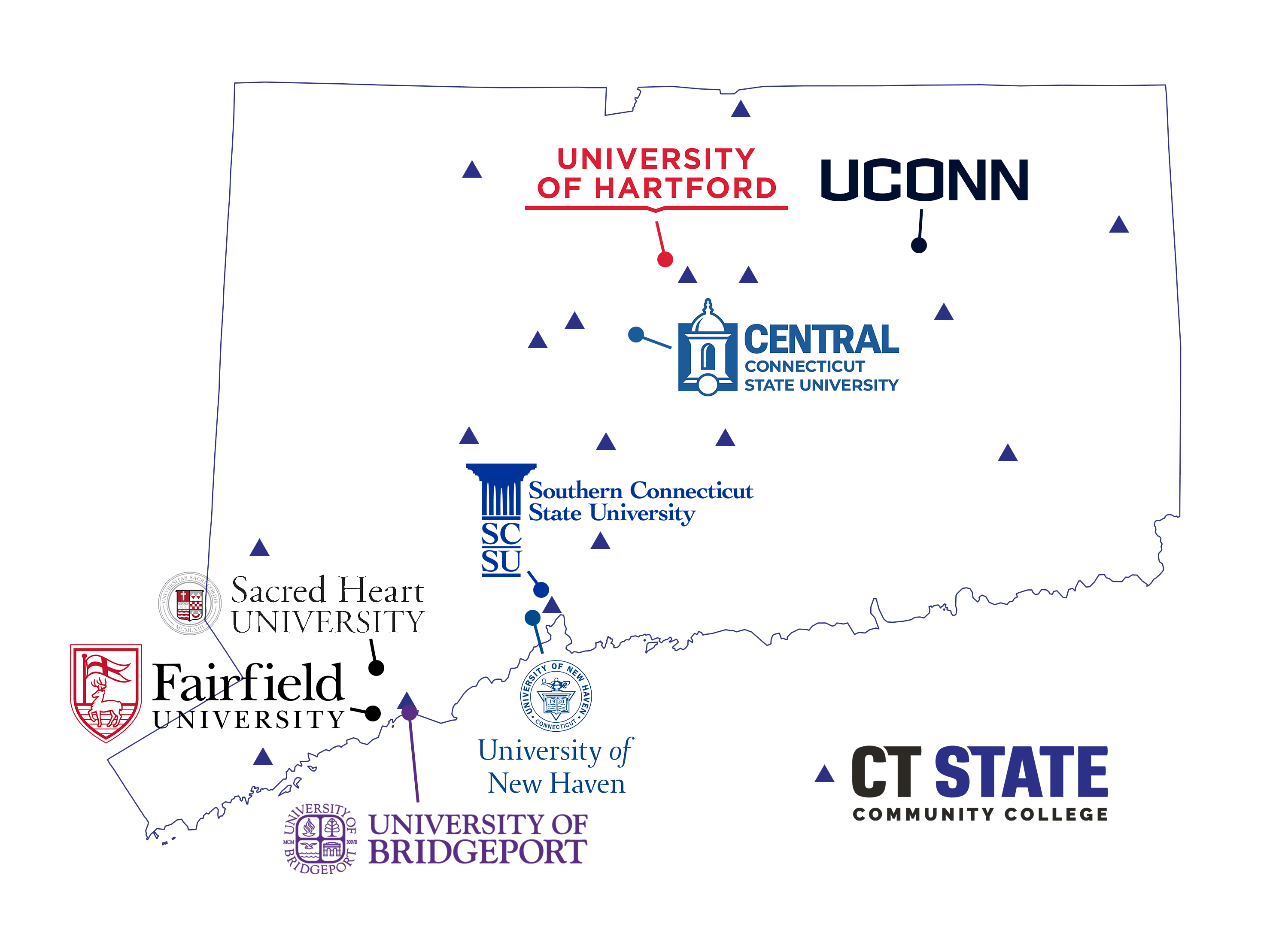 map of CT with legends marking CT State locations and transfer colleges