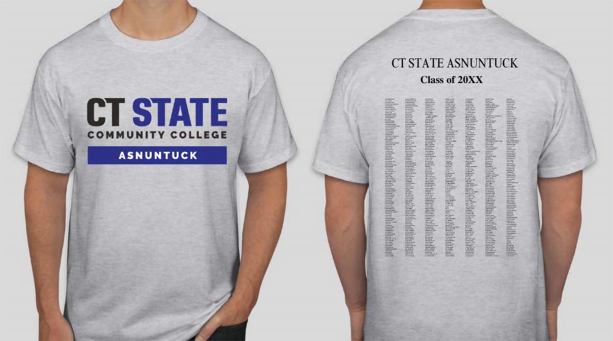 CT State Asnuntuck graduation shirt is modeled here front and back. Shirt available for purchase.