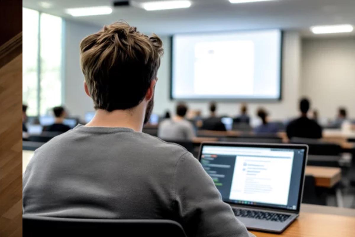 A presenter is using a laptop in the back of a room while participants view a projection screen.