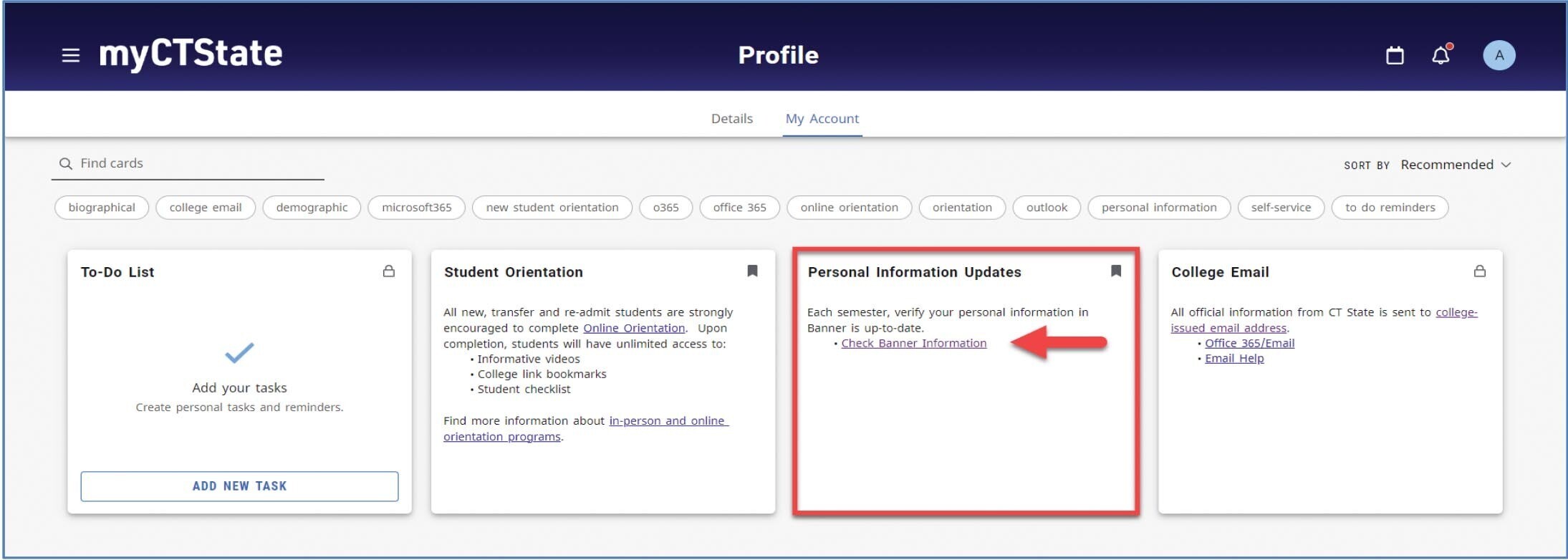 screenshot highlighting the Personal information updates card on myCTState