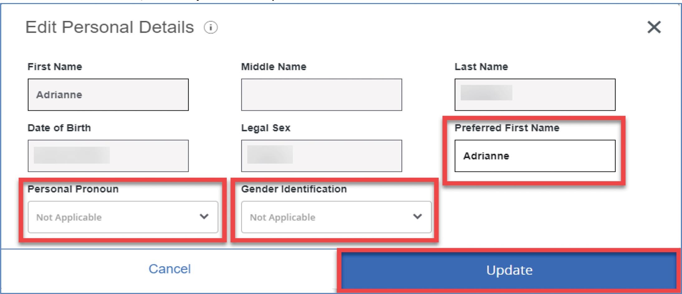 screenshot showing personal pronoun, gender identification and preferred first name fields highlighted