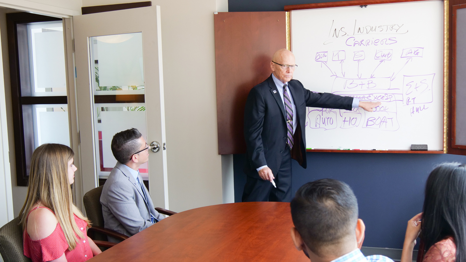 businessman writes on whiteboard in meeting with other people in business atire