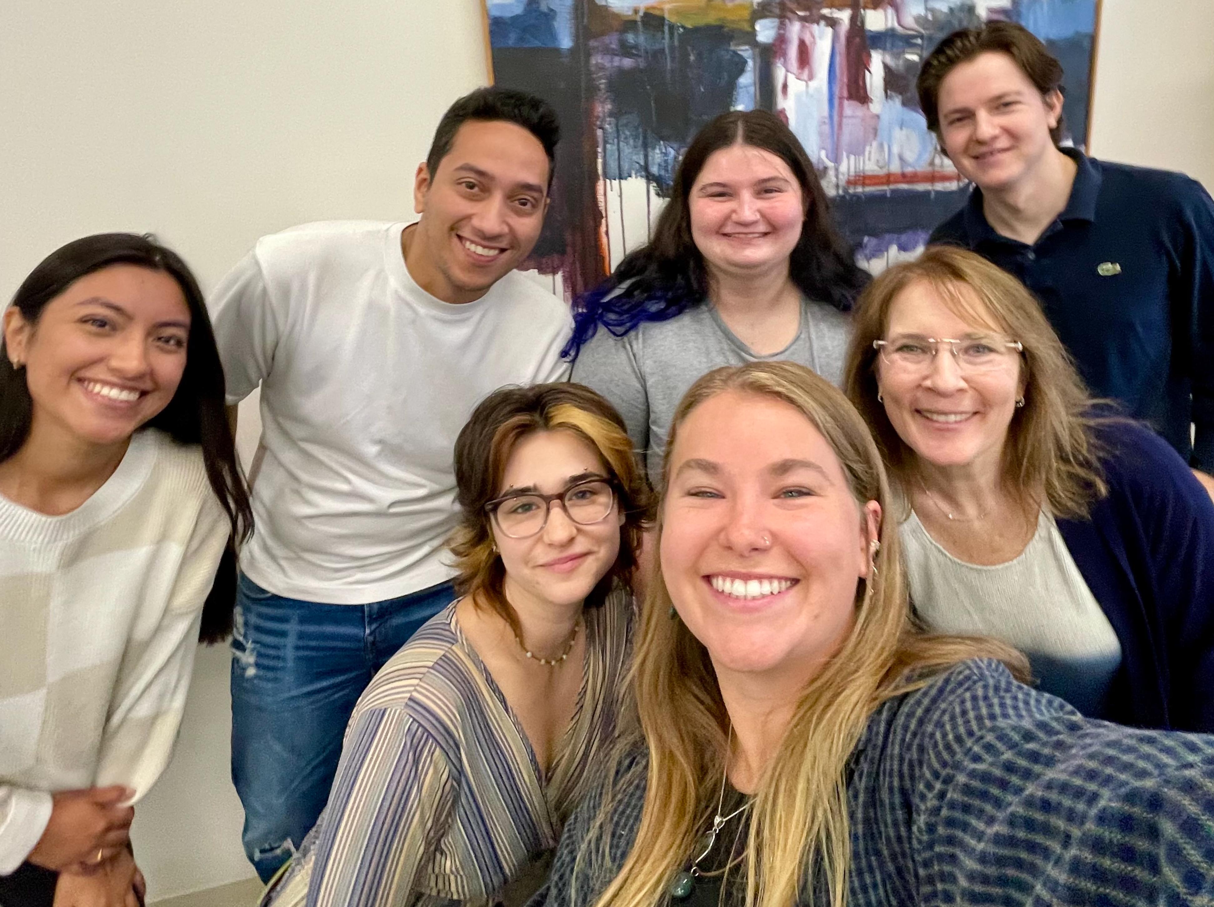 From left to right front row: Isabelle Musto, Adrianna Corbett. Back Row: Diane Tomax, Youssef Saudi, Courtney Holman, Professor Kristen Carley and Blake Holroyd