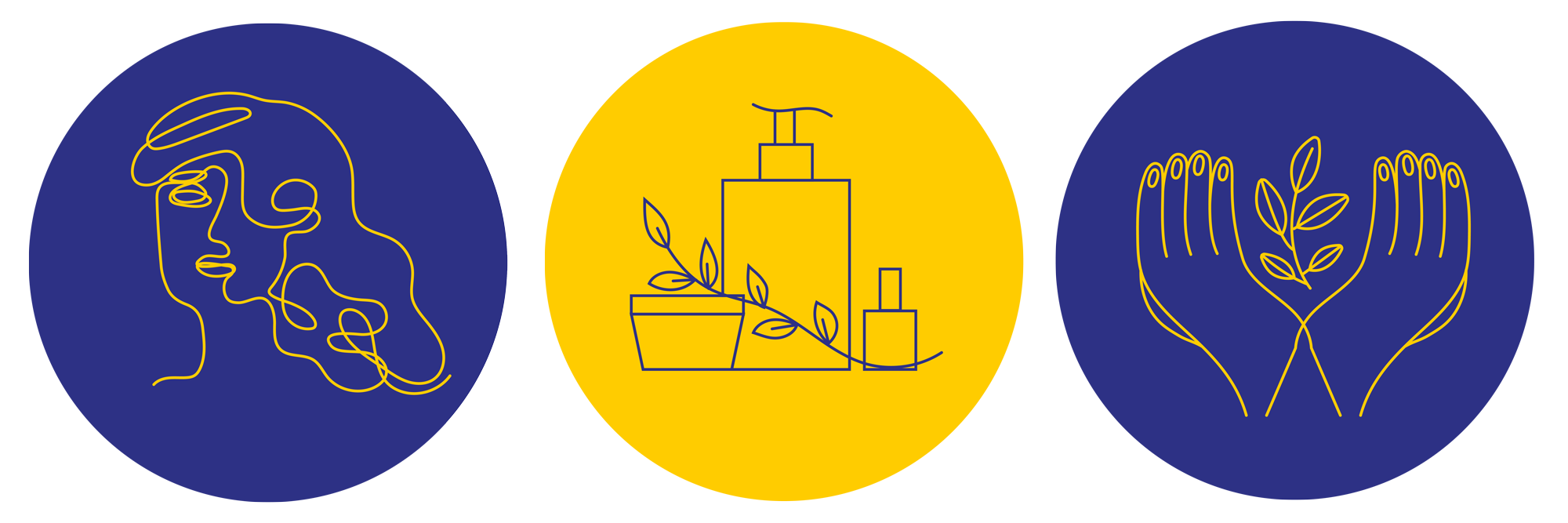 Three icons showing illustrations of a woman with wavy hair, skincare products and hands held out, representing the three SPA programs