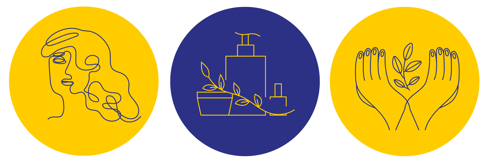 Three icons showing illustrations of a woman with wavy hair, skincare products and hands held out, representing the three SPA programs