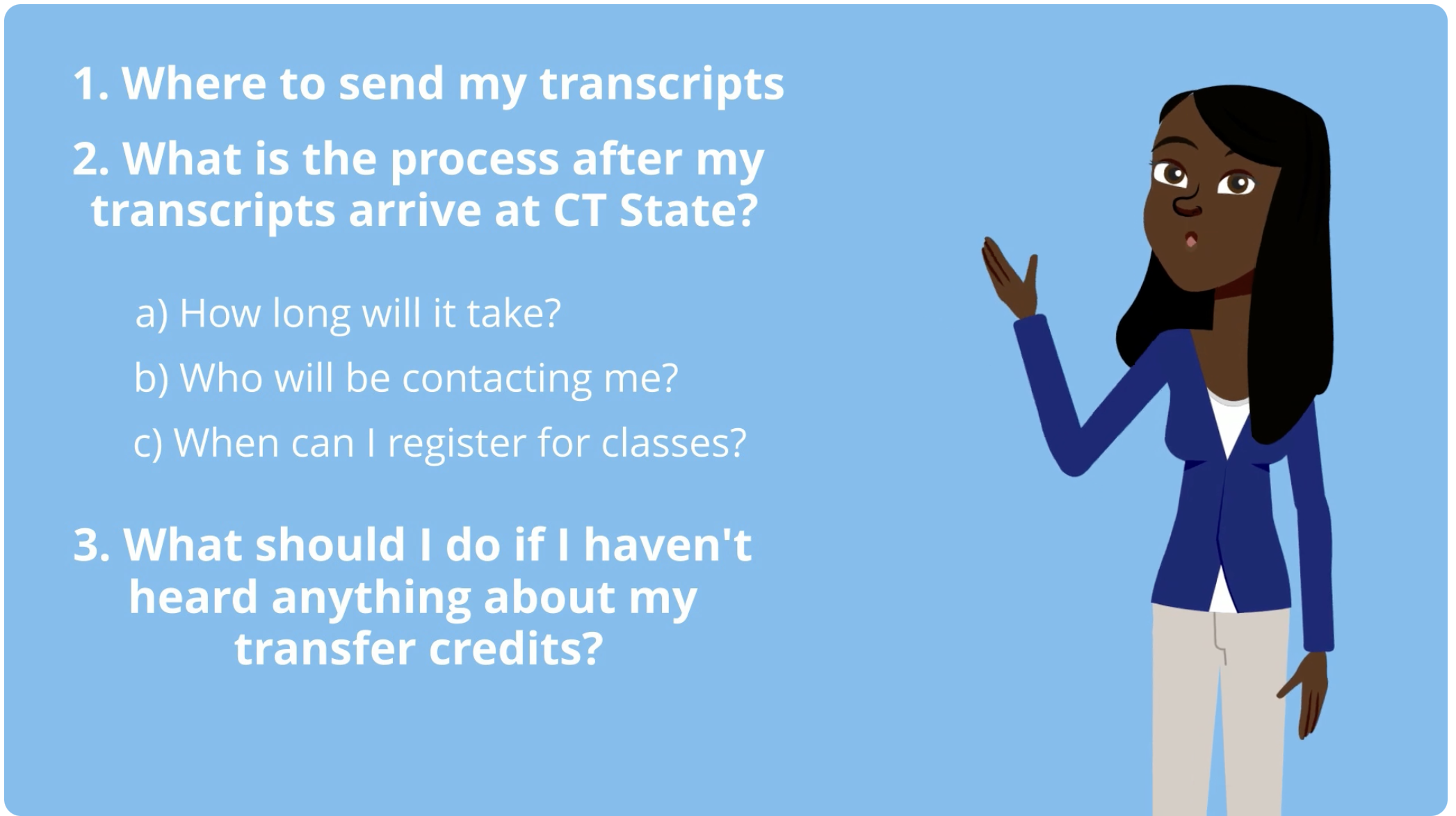 Animated person with questions about transferring to CT State on the screen next to them.