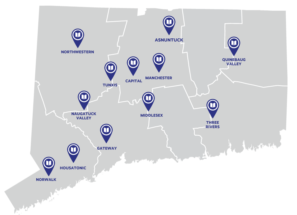 Map of CT with pins and labels for the 12 CT State campuses.