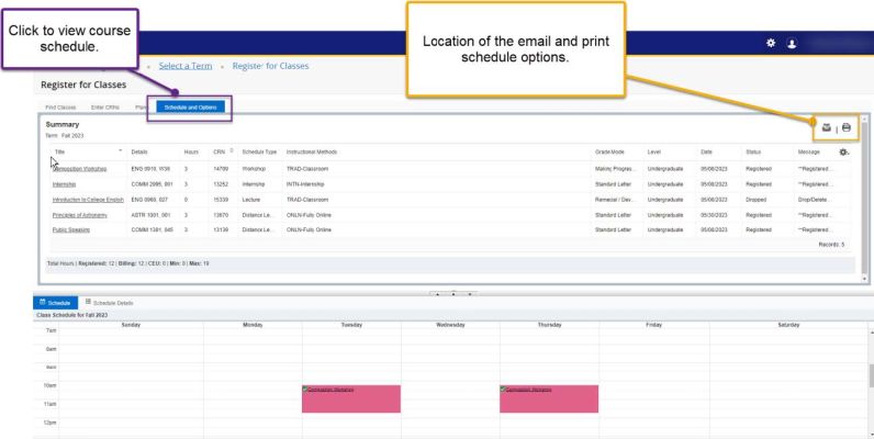 screenshot showing step 9 where to view course schedule and email/print options