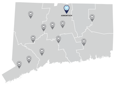 Map of CT with Asnuntuck campus pinned 