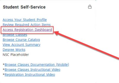 arrow points to access registration dashboard link.