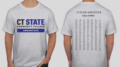 CT State Asnuntuck graduation shirt is modeled here front and back. Shirt available for purchase.