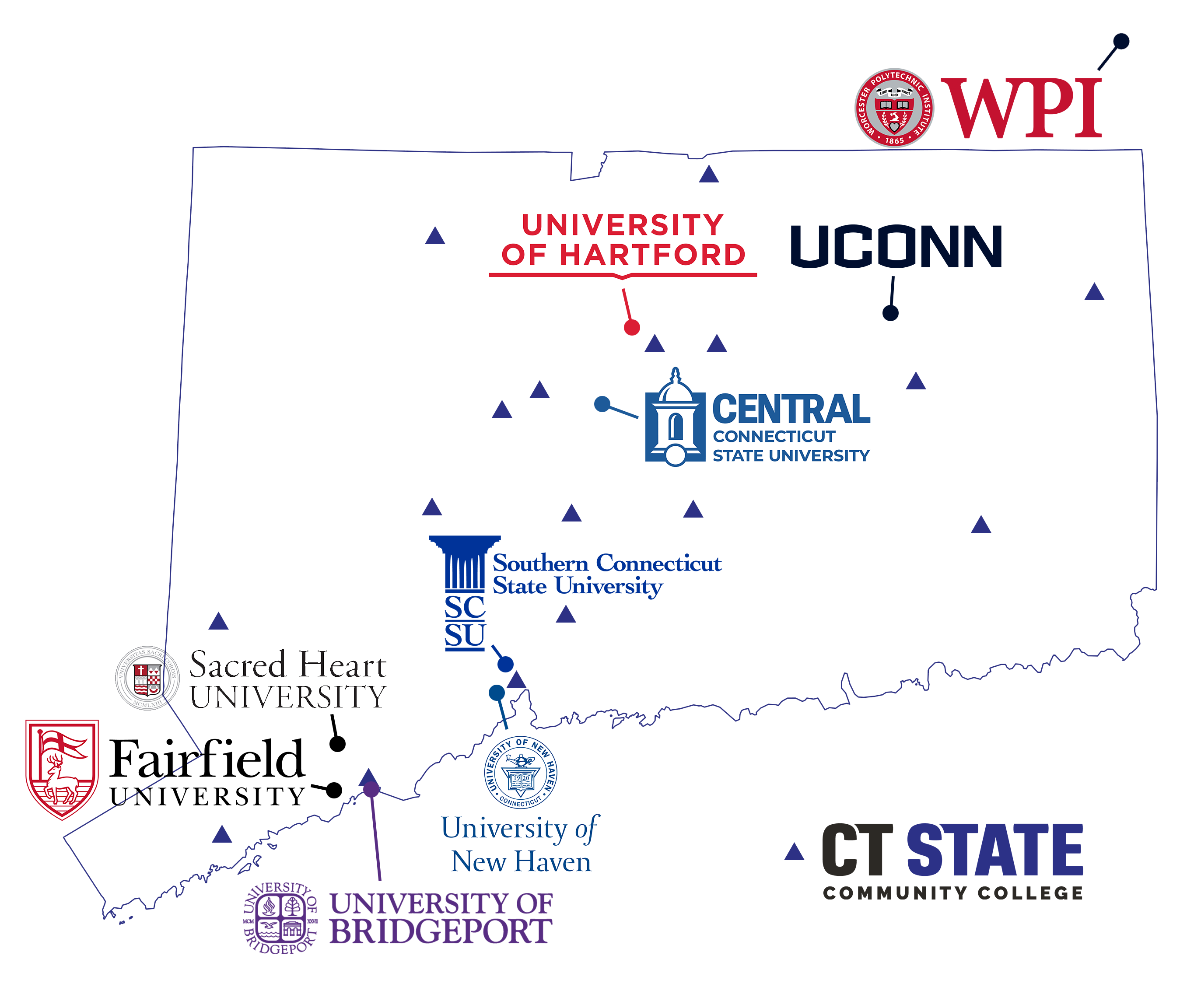 Map of CT with legends marking CT State CC locations and transfer colleges