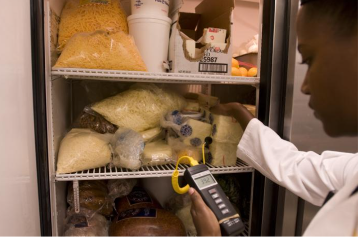 Public health inspector checks fridge temp.