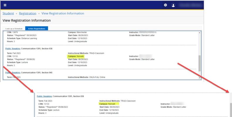 “Active Registration” Course Information Displayed