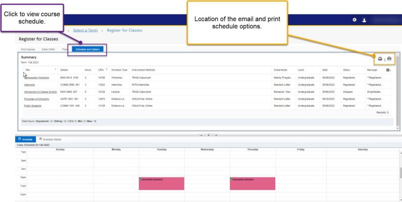 screenshot showing step 9 where to view course schedule and email/print options