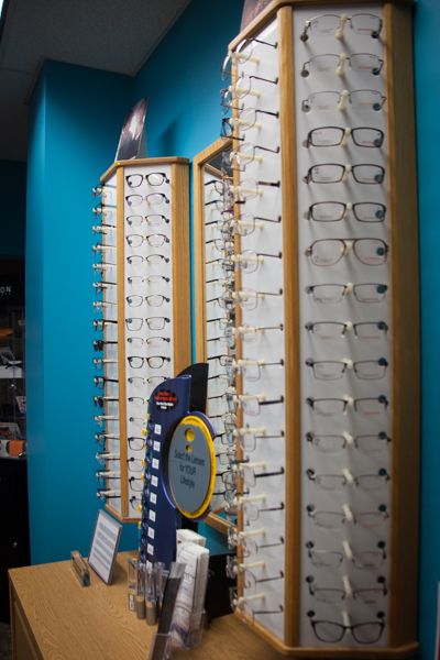 display of sample eyeglasses in the eyeglass clinic