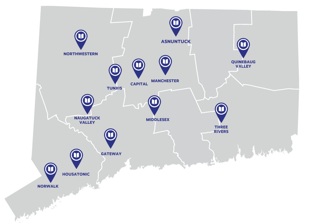 Map of CT with pins and labels for the 12 CT State campuses.