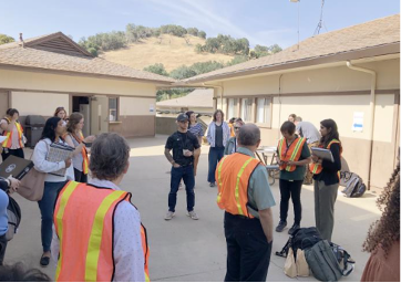 group works together outside buildings