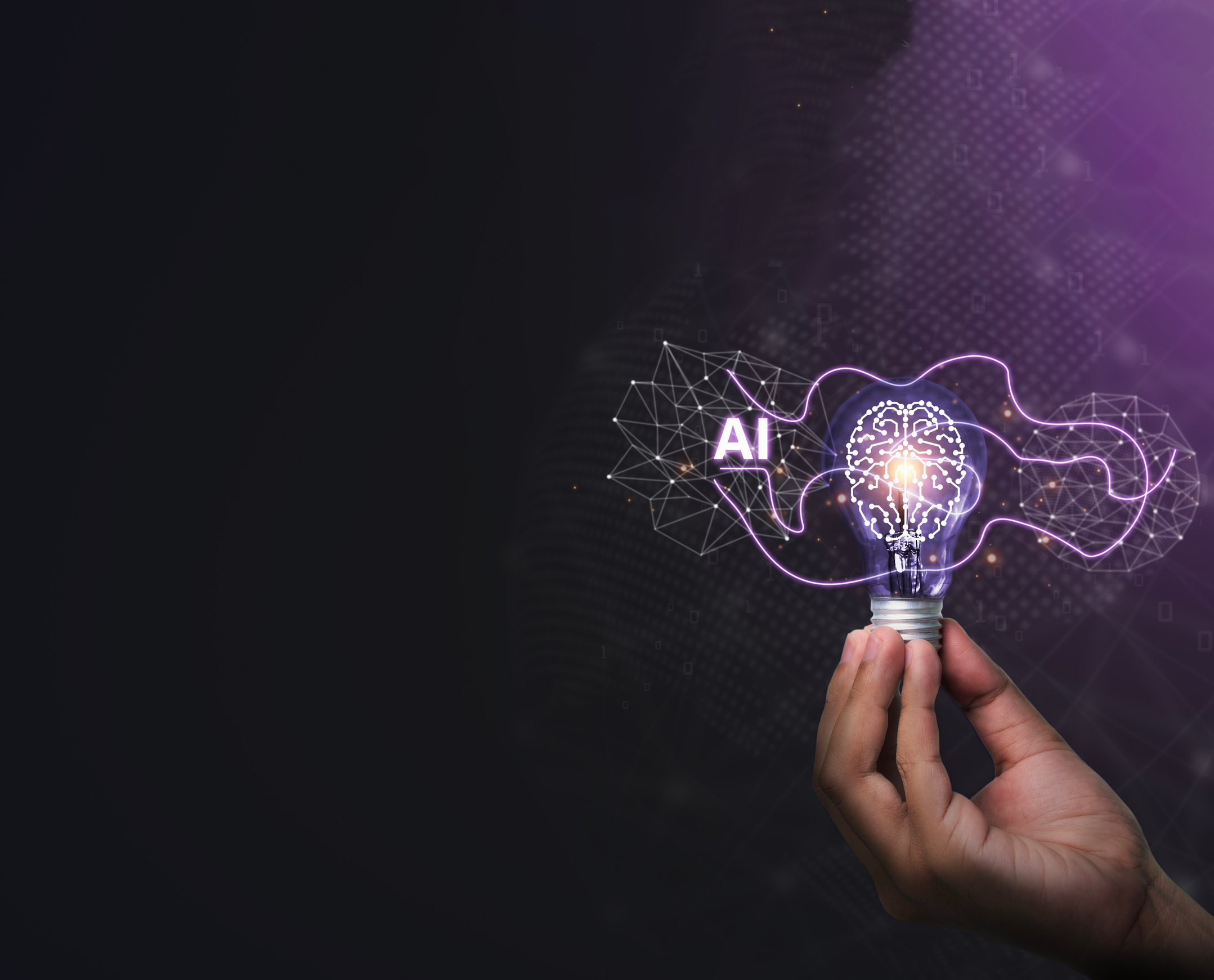 hand holds lightbulb lit up with illustrations and AI symbol