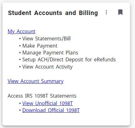 example of student accounts and billing card on myctstate