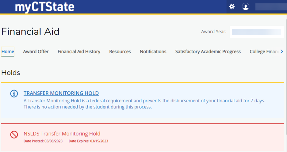 example of what the financial aid card looks like on myCTState
