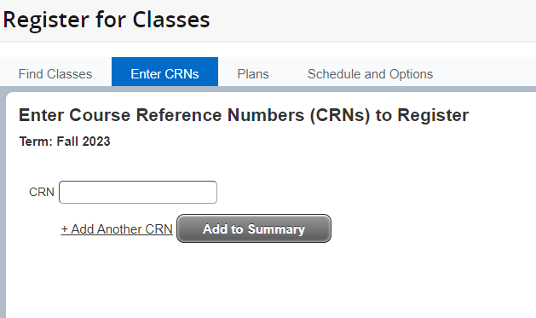 screenshot of enter CRN box