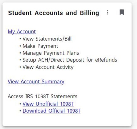 example of what the student accounts and billing card looks like on My CT State.