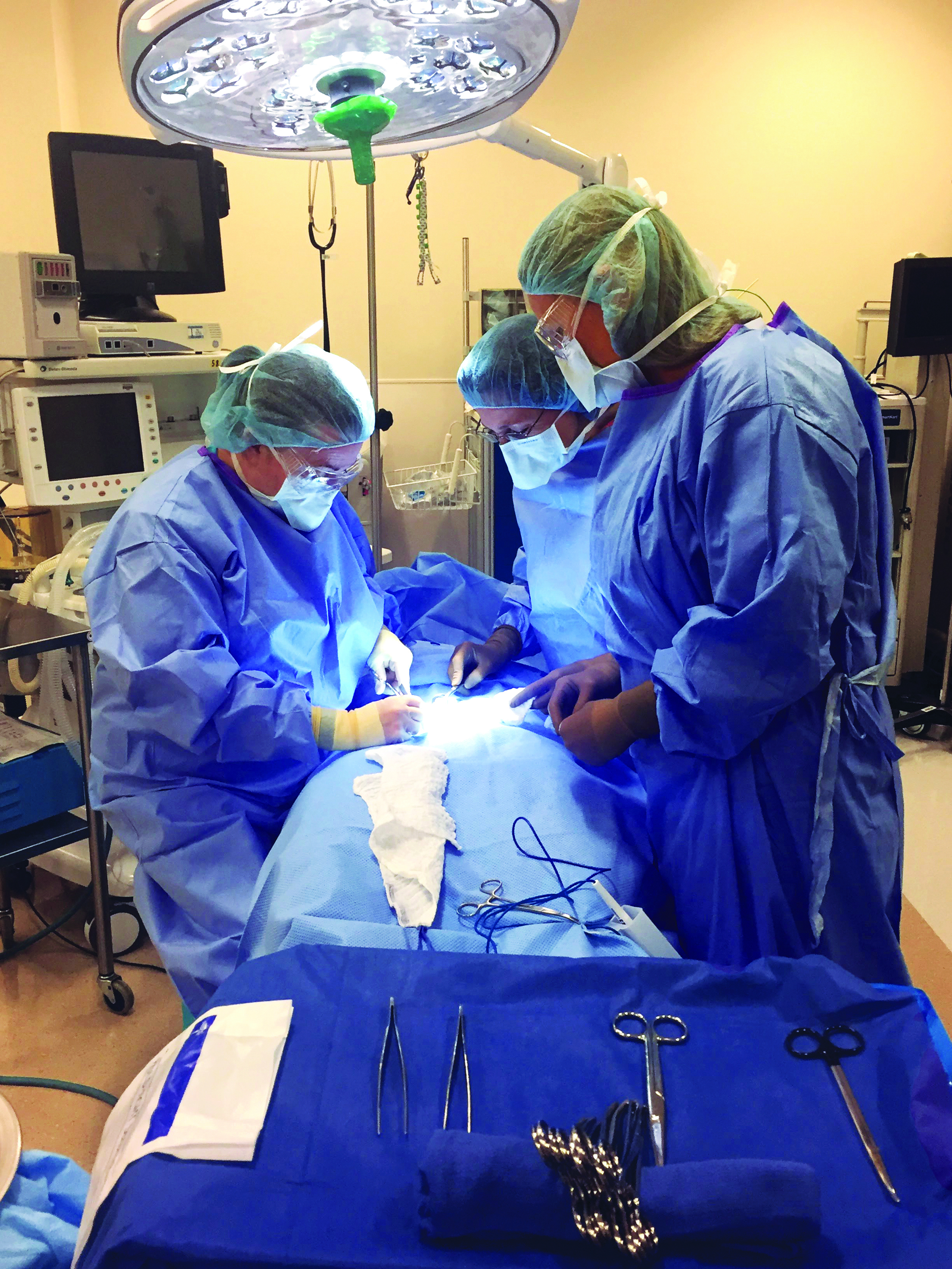 surgeons and technicians perform surgery on patient