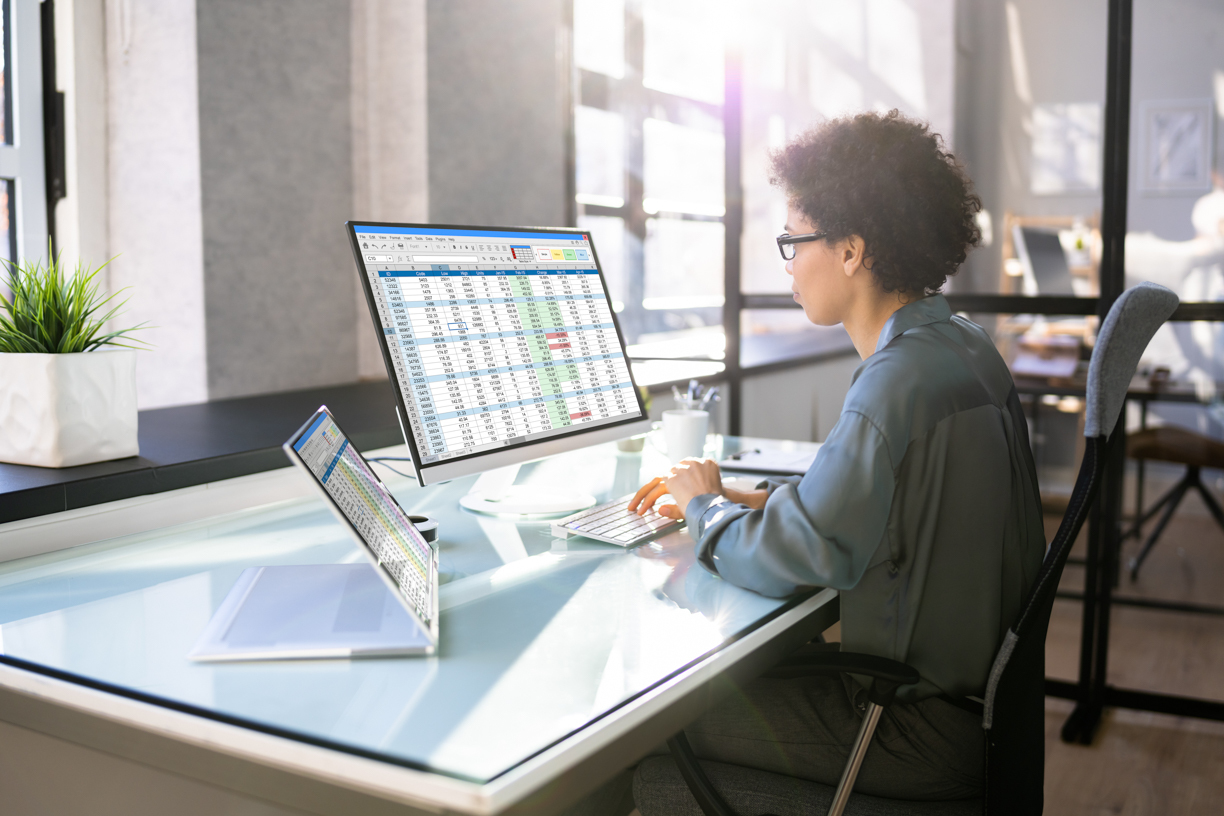 woman works on spreadsheet on computer